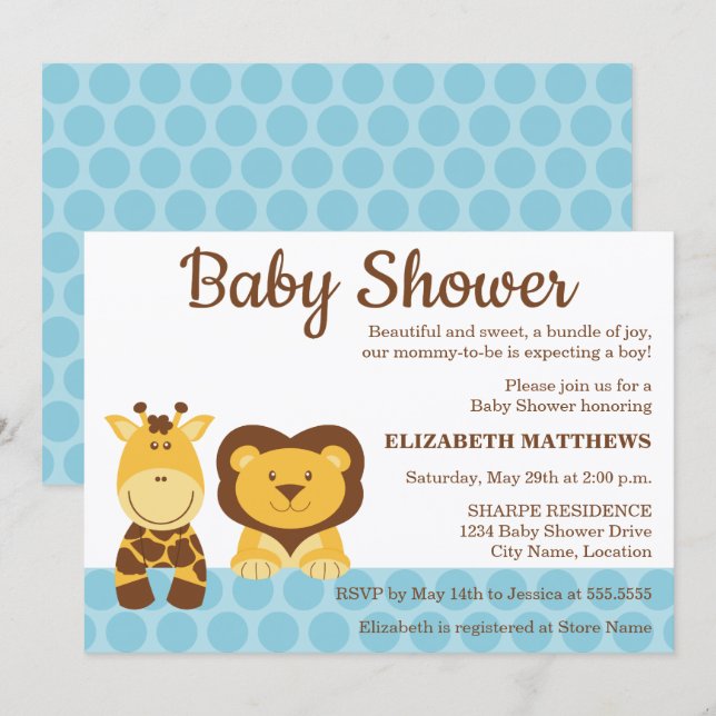 Giraffe und Löwentiere Kinderdusche Einladung (Vorne/Hinten)