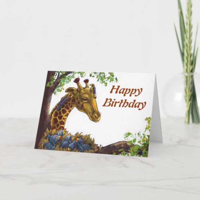 Giraffe und Oxpecker Happy Birthday Card Karte (Vorderseite)