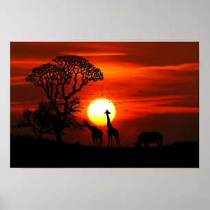 Giraffe und Rhinoceros Sunset Poster