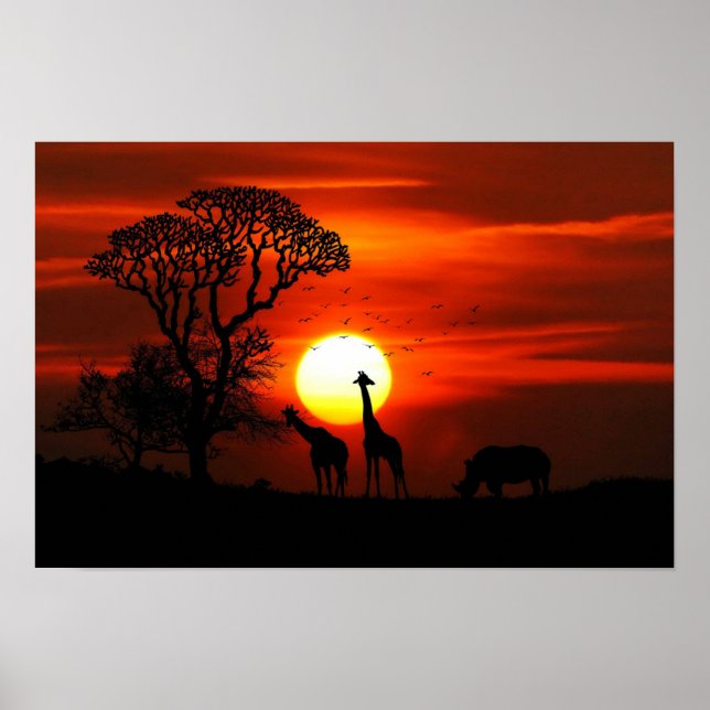 Giraffe und Rhinoceros Sunset Poster (Vorne)