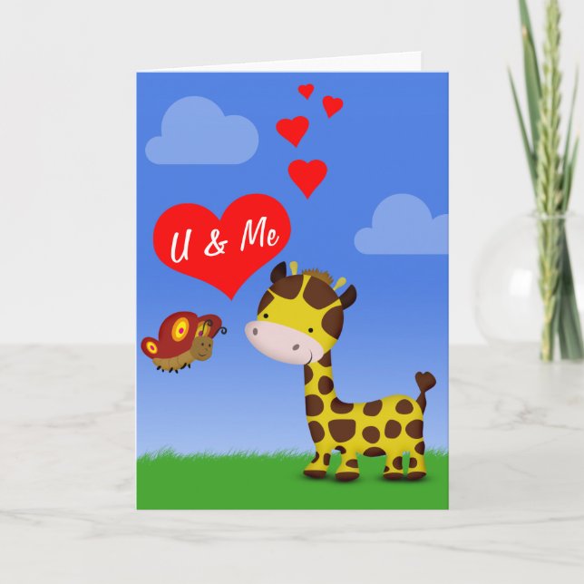 Giraffe und Schmetterling in Liebe Karte (Vorderseite)