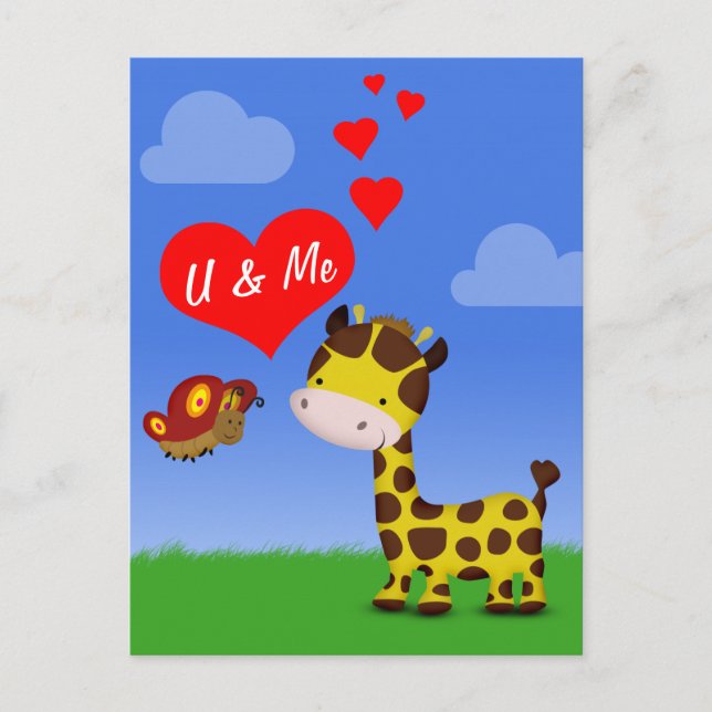 Giraffe und Schmetterling in Liebe Postkarte (Vorderseite)