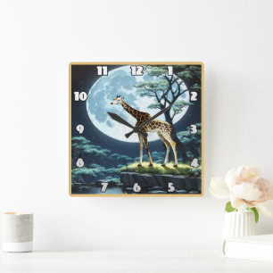 Giraffe unter Vollmond durch ruhiges Wasser Quadratische Wanduhr