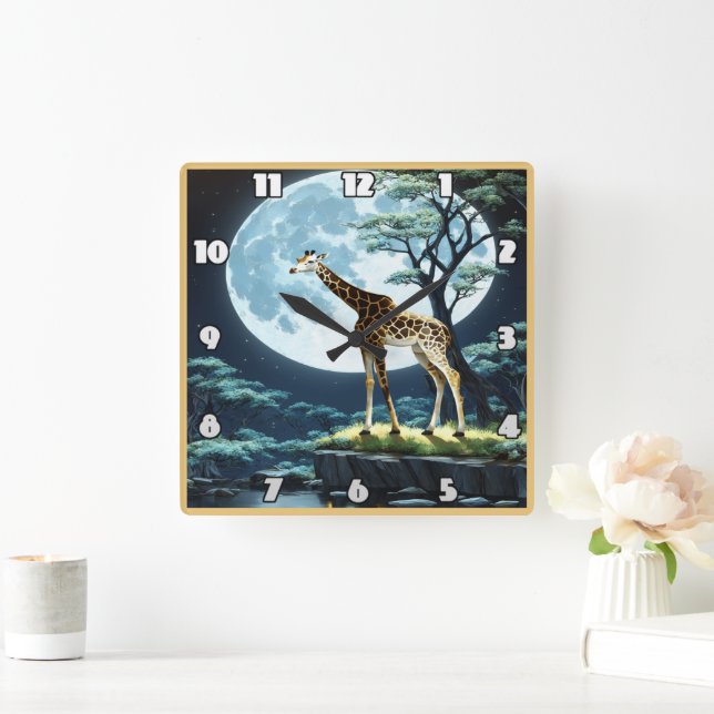 Giraffe unter Vollmond durch ruhiges Wasser Quadratische Wanduhr (Zuhause)