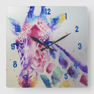 Giraffe Watercolor Animal Childs Room Clock Quadratische Wanduhr