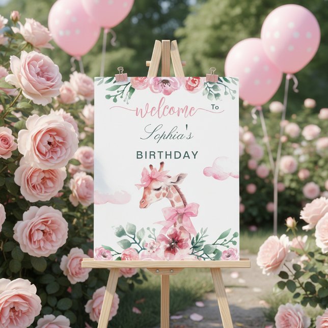 Giraffe Watercolor Floral Pink Ribbon Girl  Poster (Von Creator hochgeladen)