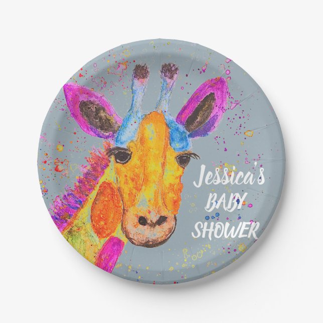 Giraffe Watercolor Safari Jungle Blue Baby Dusche Pappteller (Vorderseite)