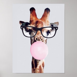 Giraffe Wear Brillen blasen rosa Kaugummi Poster