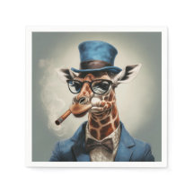 Giraffe wearing a top hat smoking a cigar
