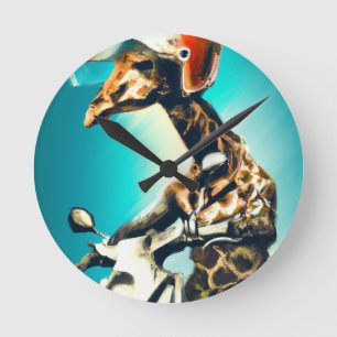 Giraffe Webereihelm auf Motorrad Moderne Kunst Kun Runde Wanduhr