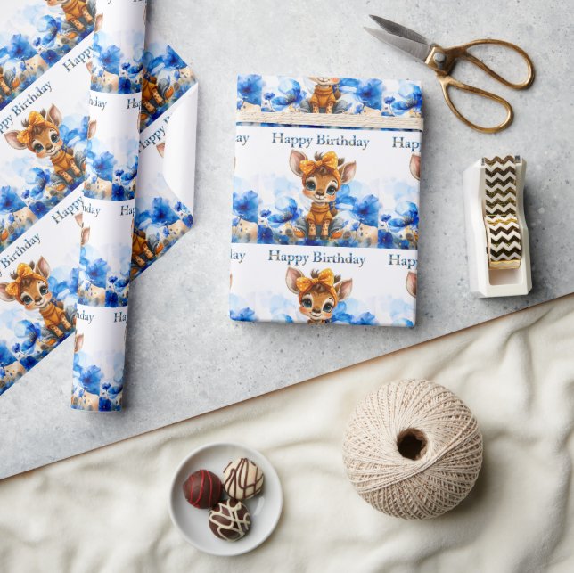 Giraffe with polka dot bow Happy Birthday Geschenkpapier (Kunsthandwerk)