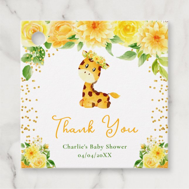 Giraffe Yellow Floral Baby Dusche Danke Geschenkanhänger (Vorderseite)