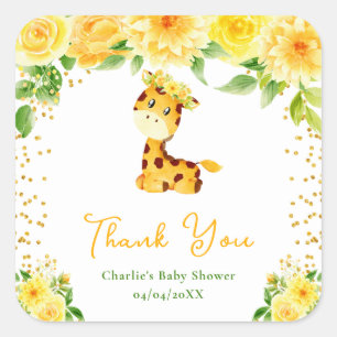 Giraffe Yellow Floral Baby Dusche Danke Quadratischer Aufkleber