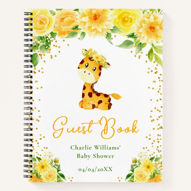 Giraffe Yellow Floral Baby Shooting Guest Book Notizbuch (Vorderseite)