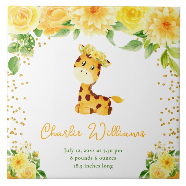 Giraffe Yellow Floral Birth Statistics Fliese (Vorderseite)