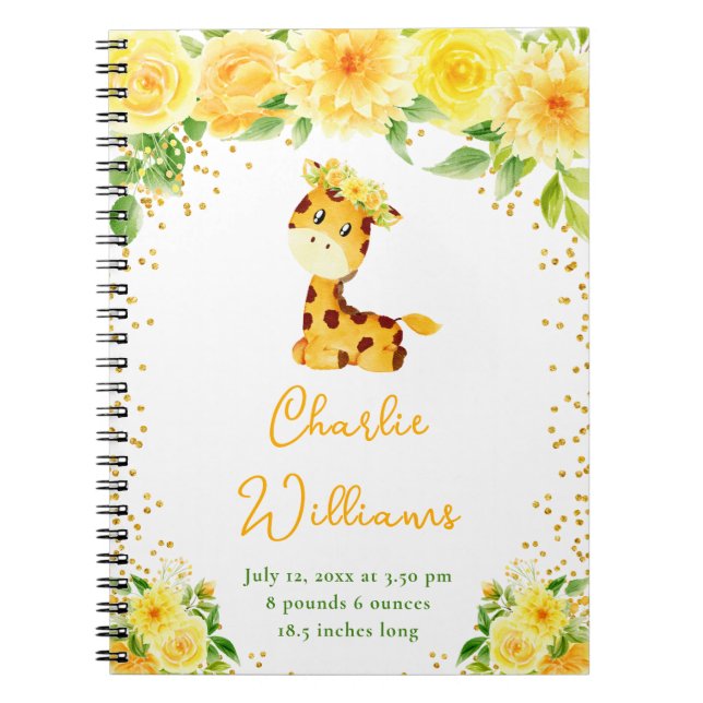 Giraffe Yellow Floral Birth Statistics Notizblock (Vorderseite)