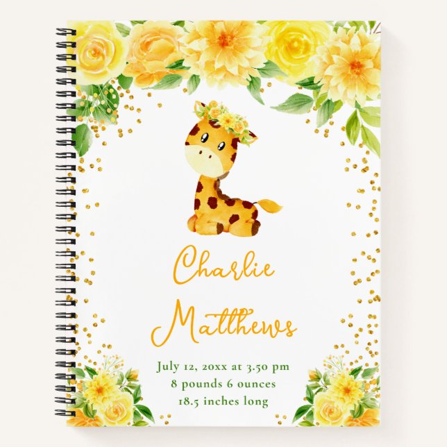 Giraffe Yellow Floral Birth Statistics Notizbuch (Vorderseite)