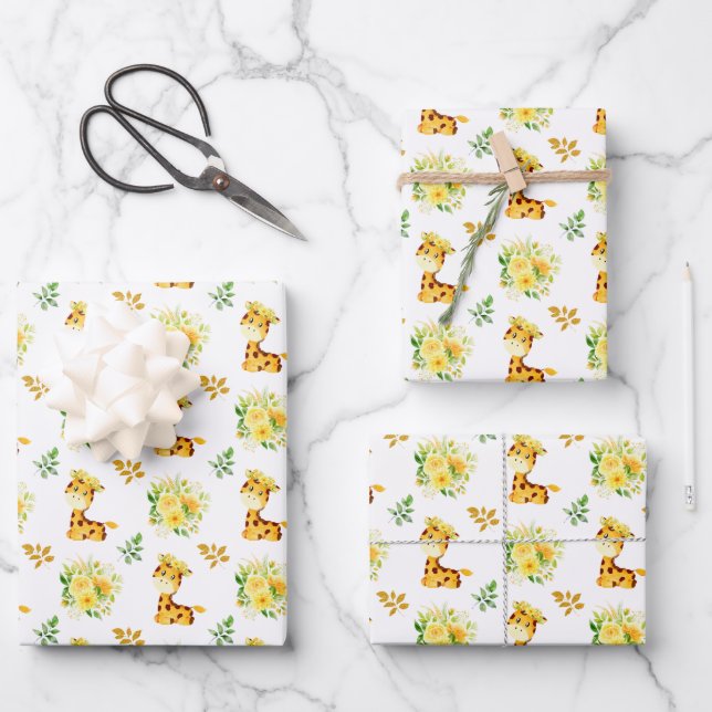Giraffe Yellow Floral Blume Geschenkpapier Set (Vorderseite)