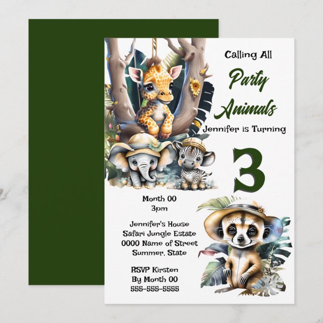 Giraffe zebra safari Zoo Tiere Dschungel Party Einladung (Vorne/Hinten)