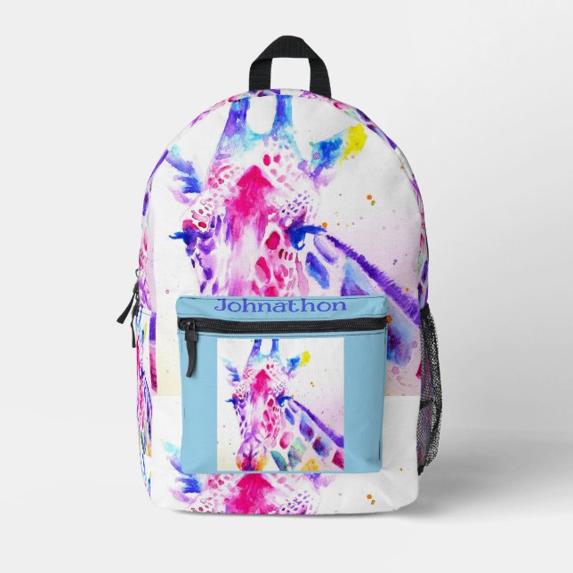 Giraffe Zoo Animal Kids Watercolor Boys Name Bedruckter Rucksack (Vorderseite)