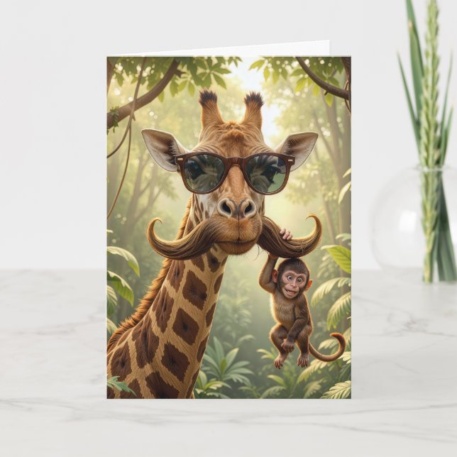 Giraffe zum Geburtstag mit Schnurrbart und Affe Karte (Vorderseite)