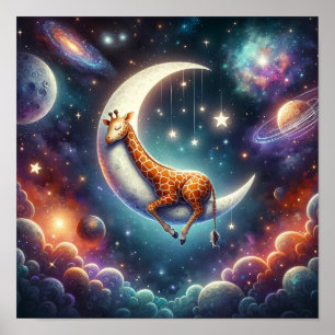 Giraffen-Baby schläft auf Mond & Sternen Poster