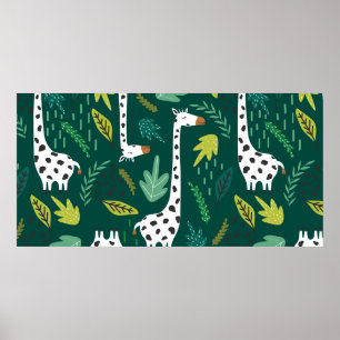 Giraffen, Blätter, handgezeichneter Hintergrund. F Poster