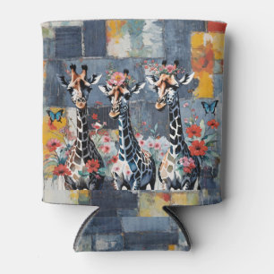 Giraffen Floral auf Retro Denim Patchwork Dosenkühler