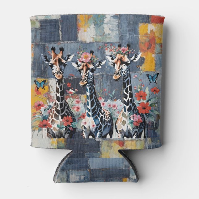 Giraffen Floral auf Retro Denim Patchwork Dosenkühler (Vorderseite)