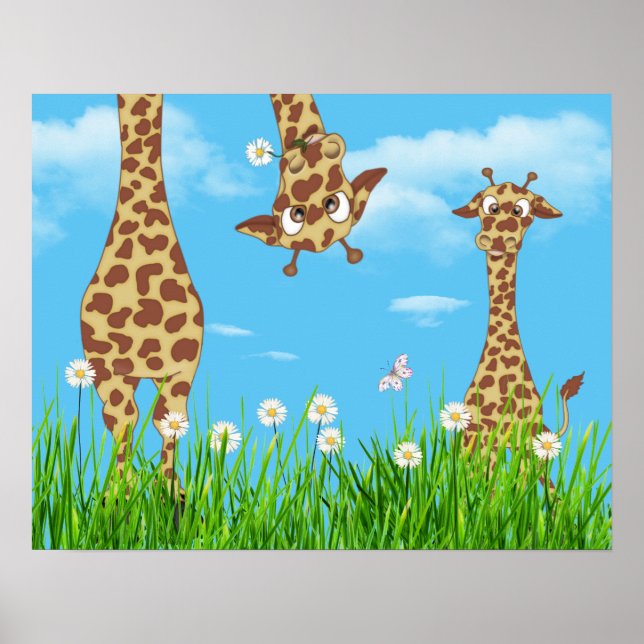 Giraffen im Gras mit Wolken Poster (Vorne)