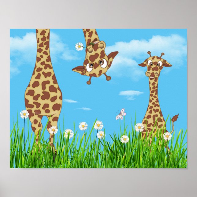 Giraffen im Gras mit Wolken Poster (Vorne)