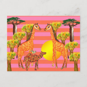 Giraffen, Kamel, Vogel Zeichnung Postkarte