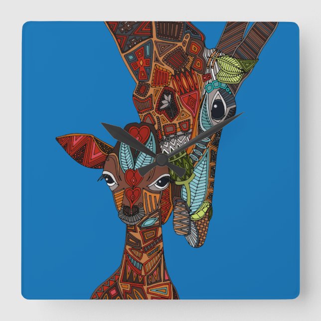 Giraffen-Liebeblau Quadratische Wanduhr (Vorderseite)