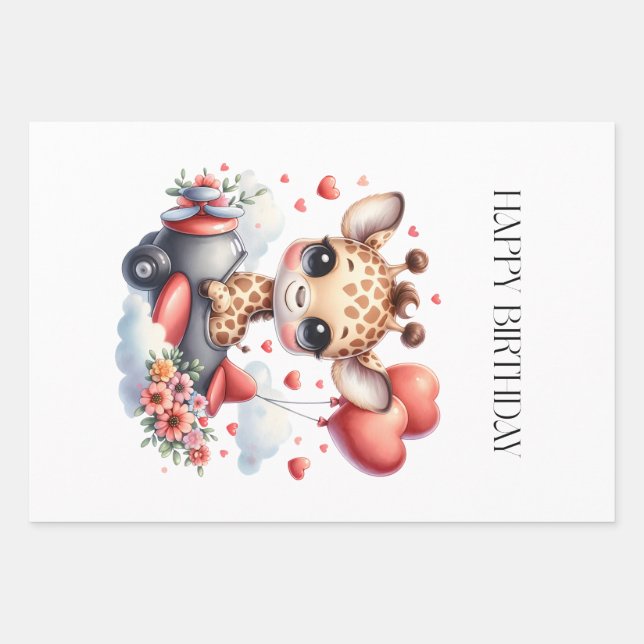 Giraffen-Pilot Geburtstag Geschenkpapier Set (Vorderseite)