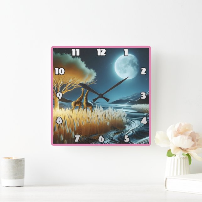 Giraffen unter der sonnigen afrikanischen Nacht Quadratische Wanduhr (Zuhause)