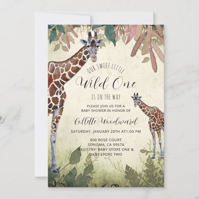 Giraffen Watercolor Wild One Baby Shower Einladung (Vorderseite)