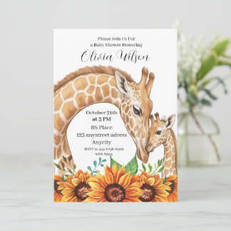 Giraffenmutter und Baby mit Sonnenblumen Einladung