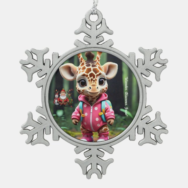 "Giraffe's Forest Adventure" Schneeflocken Zinn-Ornament (Vorderseite)
