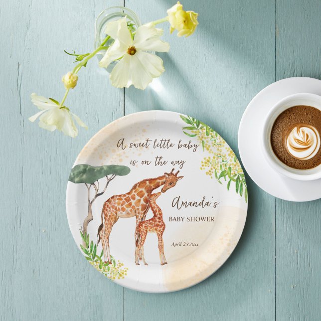 Giraffi-Mutter-Baby-Safari-Babydusche Pappteller (Giraffe safari baby shower cute giraffe mom and baby customized name Paper Plates personalized decor)
