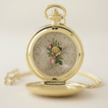 Giralantiker Golddamtel und Rose Taschenuhr<br><div class="desc">Lieblicher Haufen von Vintag rosa Rosen auf grungenhaft goldfarbenem Damast-Hintergrund mit optionalen gepunkteten Hashmarken.</div>