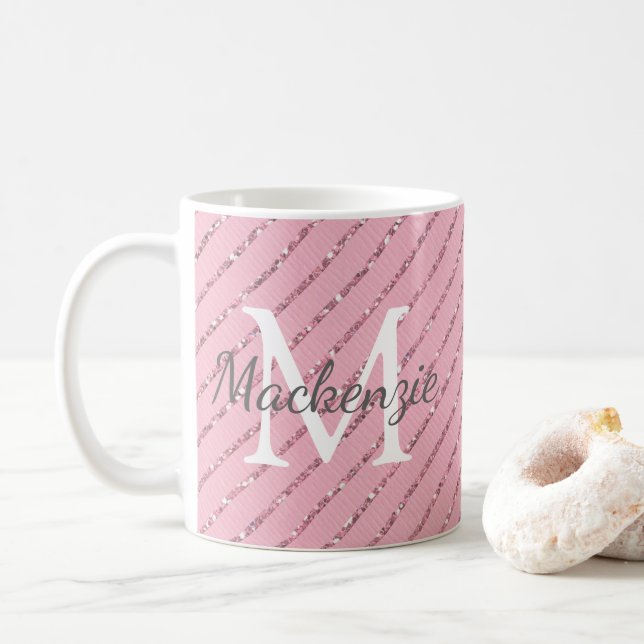 Giralblush Pink Glitzer Streifen Monogramm Kaffeetasse (Mit Donut)