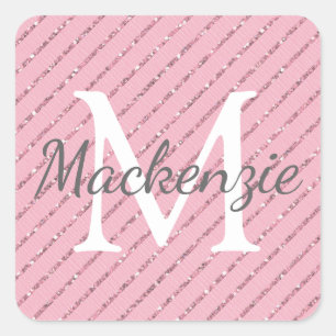 Giralblush Pink Glitzer Streifen Monogramm Quadratischer Aufkleber