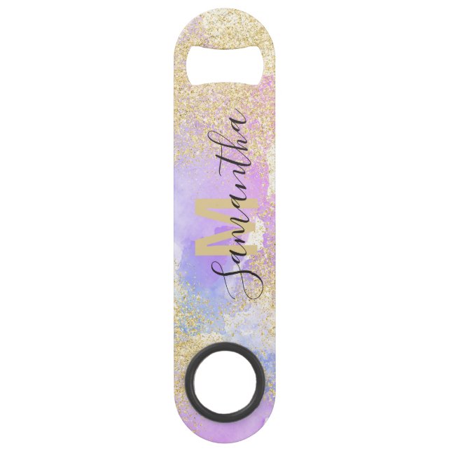 Giralgold Glitzer lila Aquarellfarben-Monogramm Speed Flaschenöffner (Vorderseite)