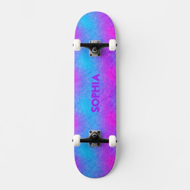 Giralrosa, lila, blaue Farben Personalisiert Name Skateboard (Vorderseite)
