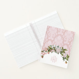 Giralrosa Rosen, Vintag Damask und Monogramm Notizbuch