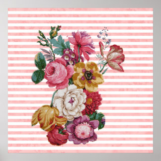 Giralrosa Vintage Streifen Farbige Rose Poster