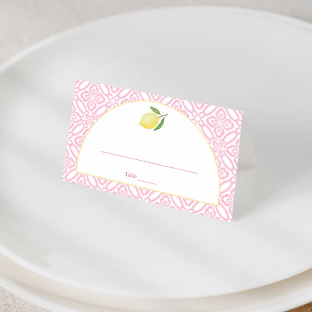 Giralrosa Zitrus mit Arch-Brautparty-Party Platzkarte (Pretty pink and white wedding shower place cards featuring vintage italian tile detail and lemon)