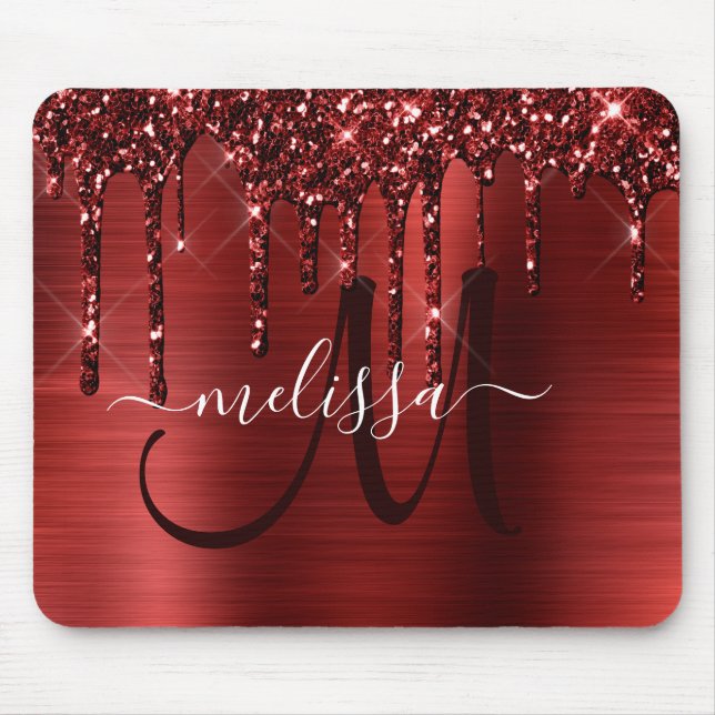 Giralroter Glitzer Brush Metal Monogram Mousepad (Vorne)