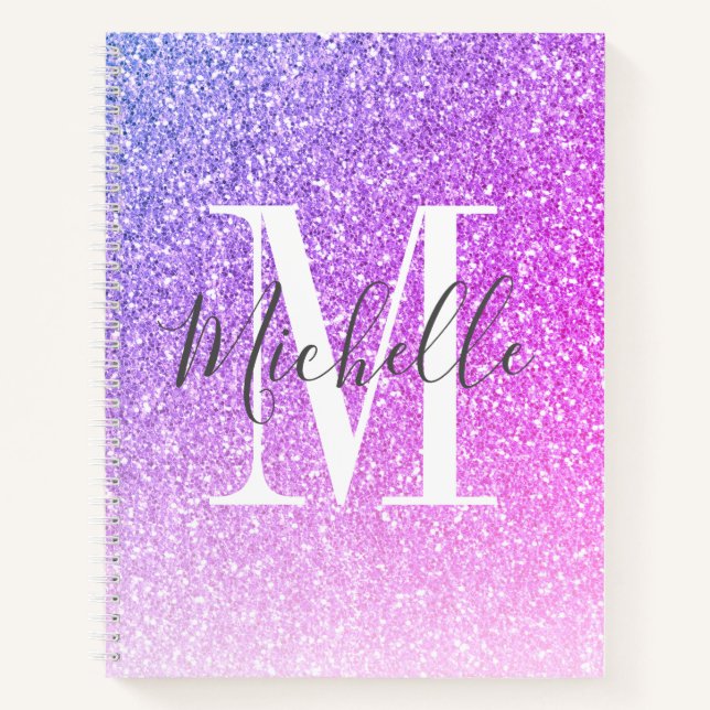 Giralskript Lila Pink Glitzer Glitzern Monogram Notizbuch (Vorderseite)