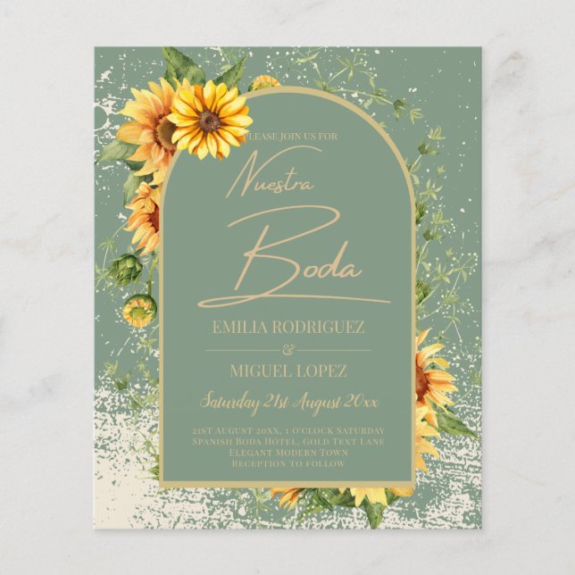 Girasoles Bilingües Boda Rústica en Verde Salvia Flyer (Vorne)